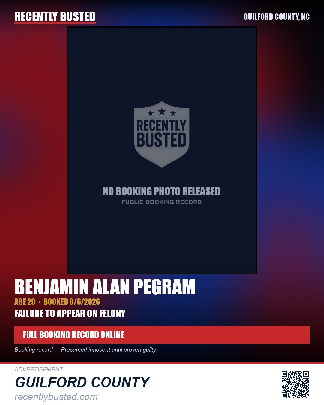 BENJAMIN ALAN PEGRAM — arrest record card, Guilford County, North Carolina