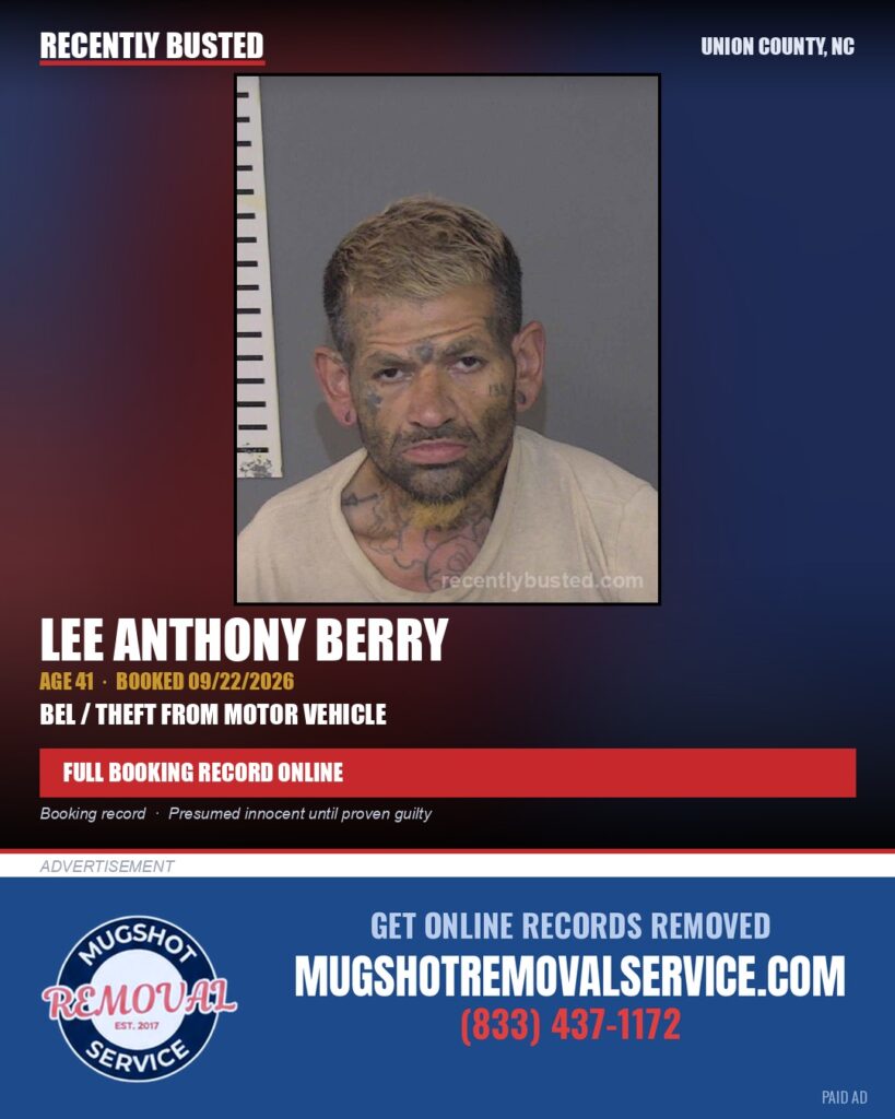BERRY, LEE ANTHONY — arrest record card, Union County, North Carolina