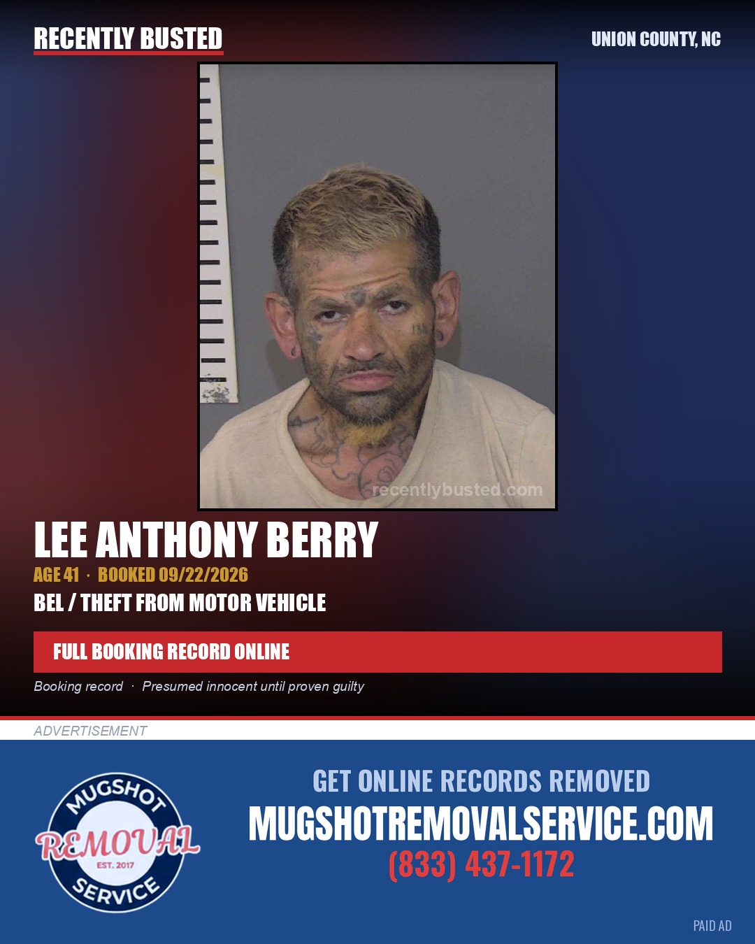 BERRY, LEE ANTHONY — arrest record card, Union County, North Carolina