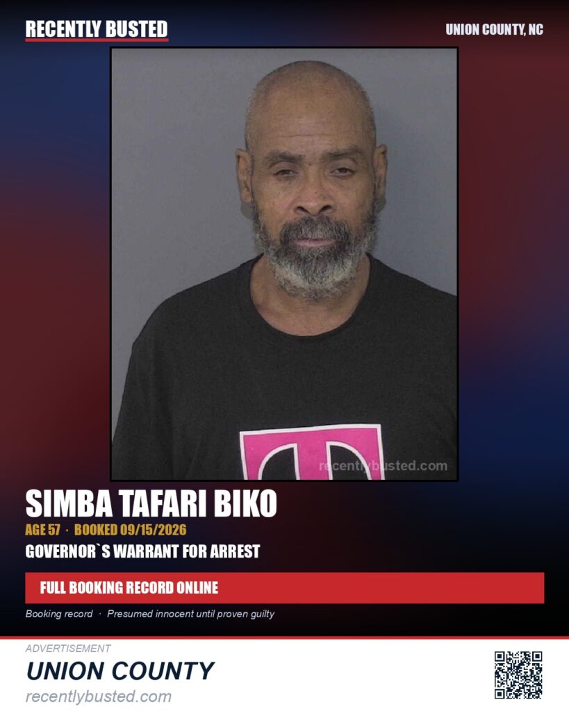 BIKO, SIMBA TAFARI — arrest record card, Union County, North Carolina
