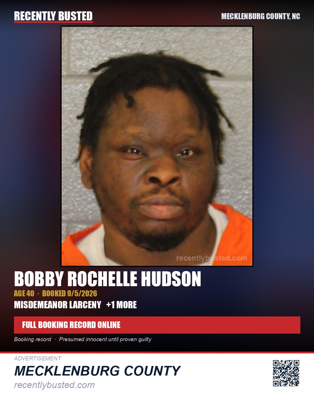 BOBBY ROCHELLE HUDSON — arrest record card, Mecklenburg County, North Carolina