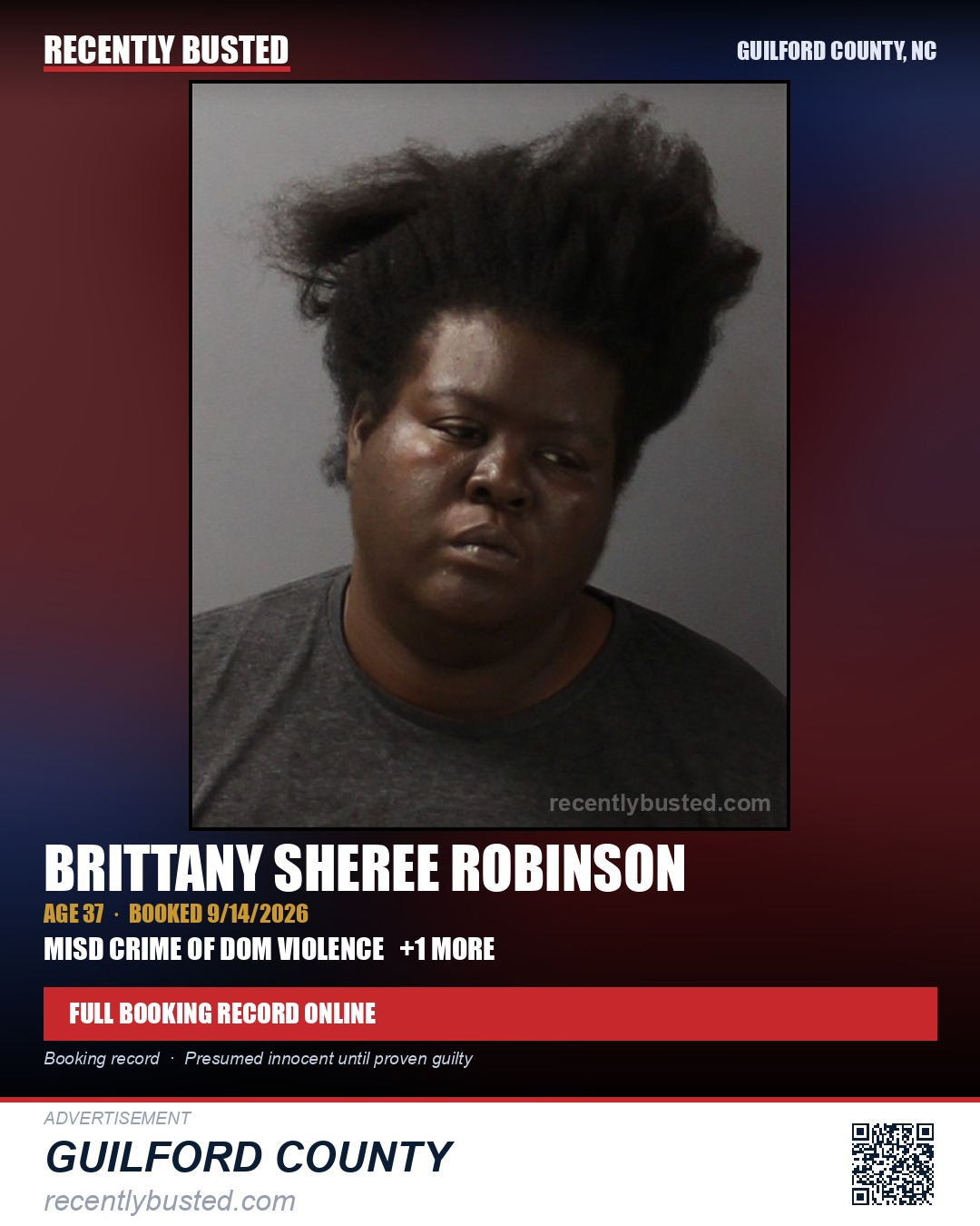 BRITTANY SHEREE ROBINSON — arrest record card, Guilford County, North Carolina