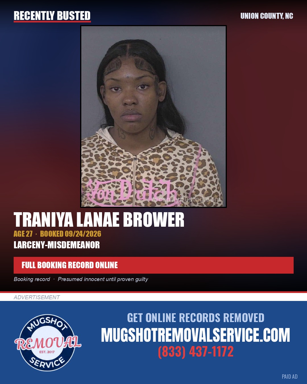 BROWER, TRANIYA LANAE — arrest record card, Union County, North Carolina