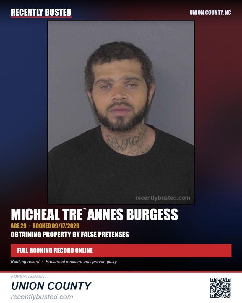 BURGESS, MICHEAL TRE`ANNES — arrest record card, Union County, North Carolina