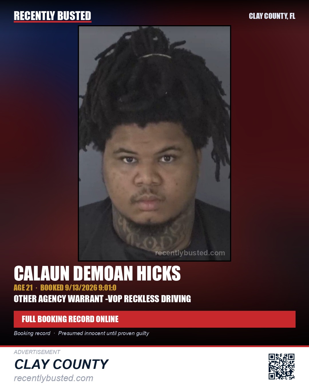 CALAUN DEMOAN HICKS — arrest record card, Clay County, Florida