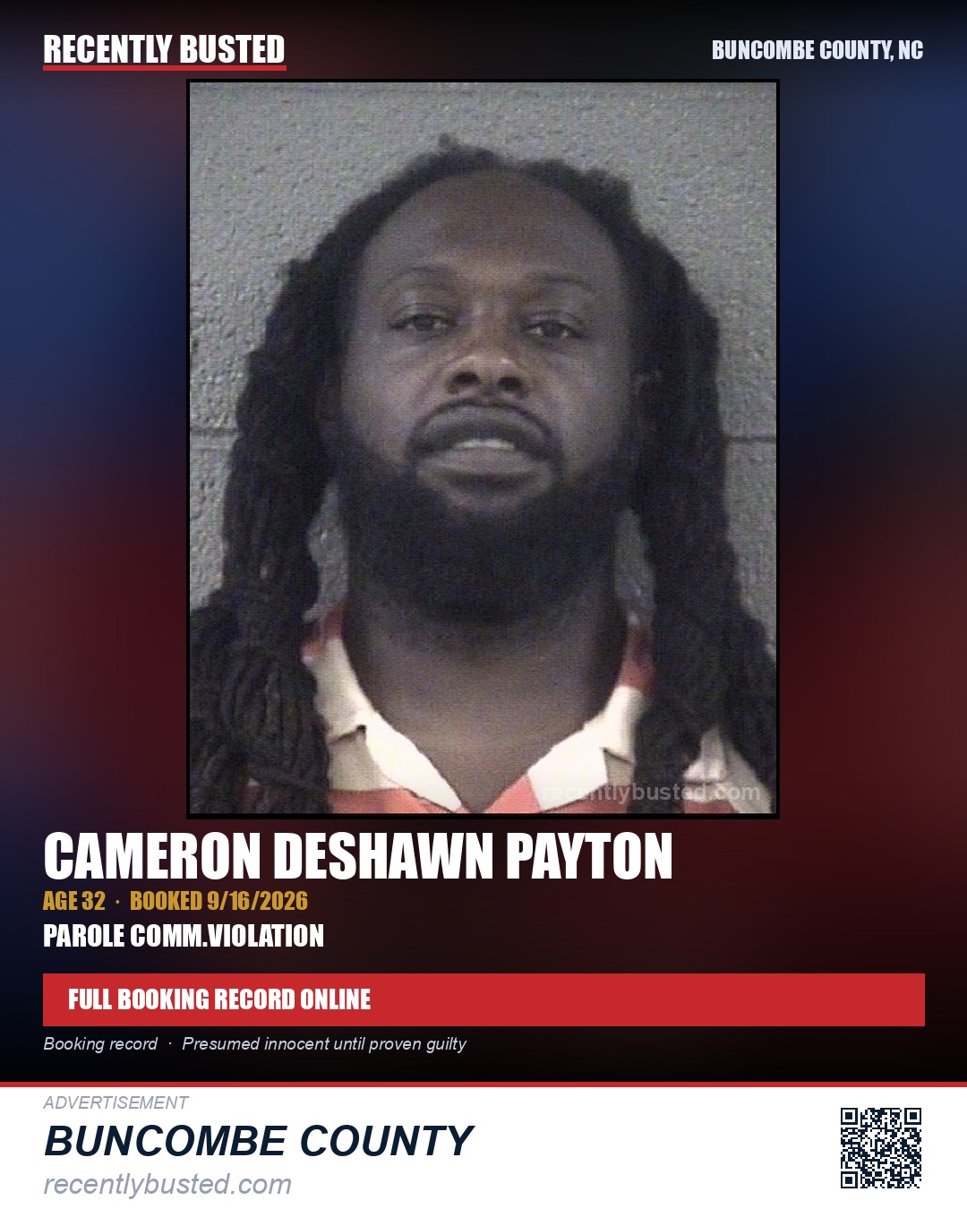 CAMERON DESHAWN PAYTON — arrest record card, Buncombe County, North Carolina