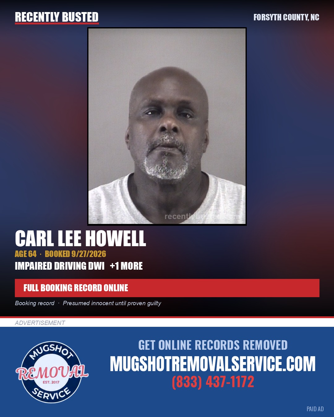 CARL LEE HOWELL — arrest record card, Forsyth County, North Carolina
