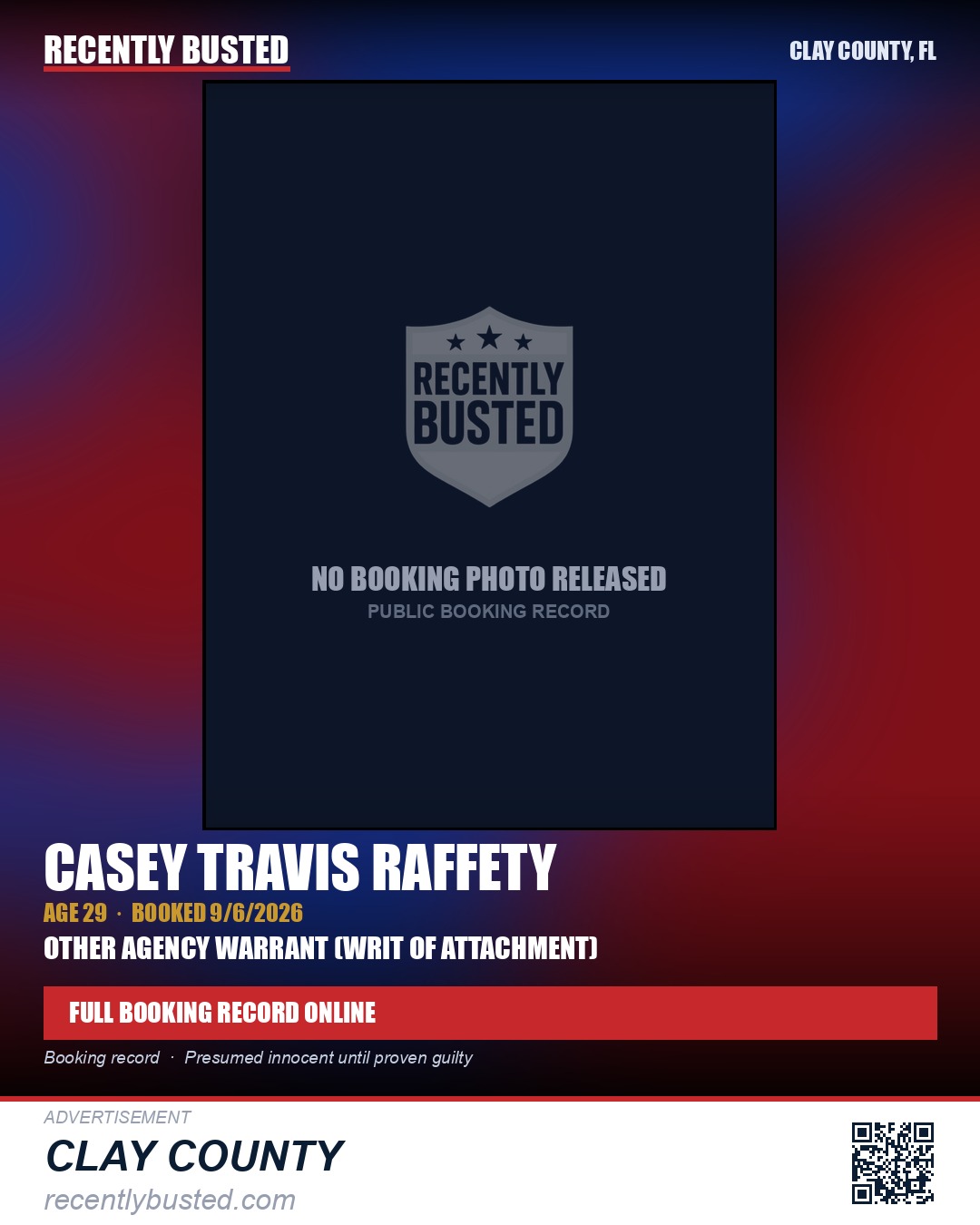 CASEY TRAVIS RAFFETY — arrest record card, Clay County, Florida