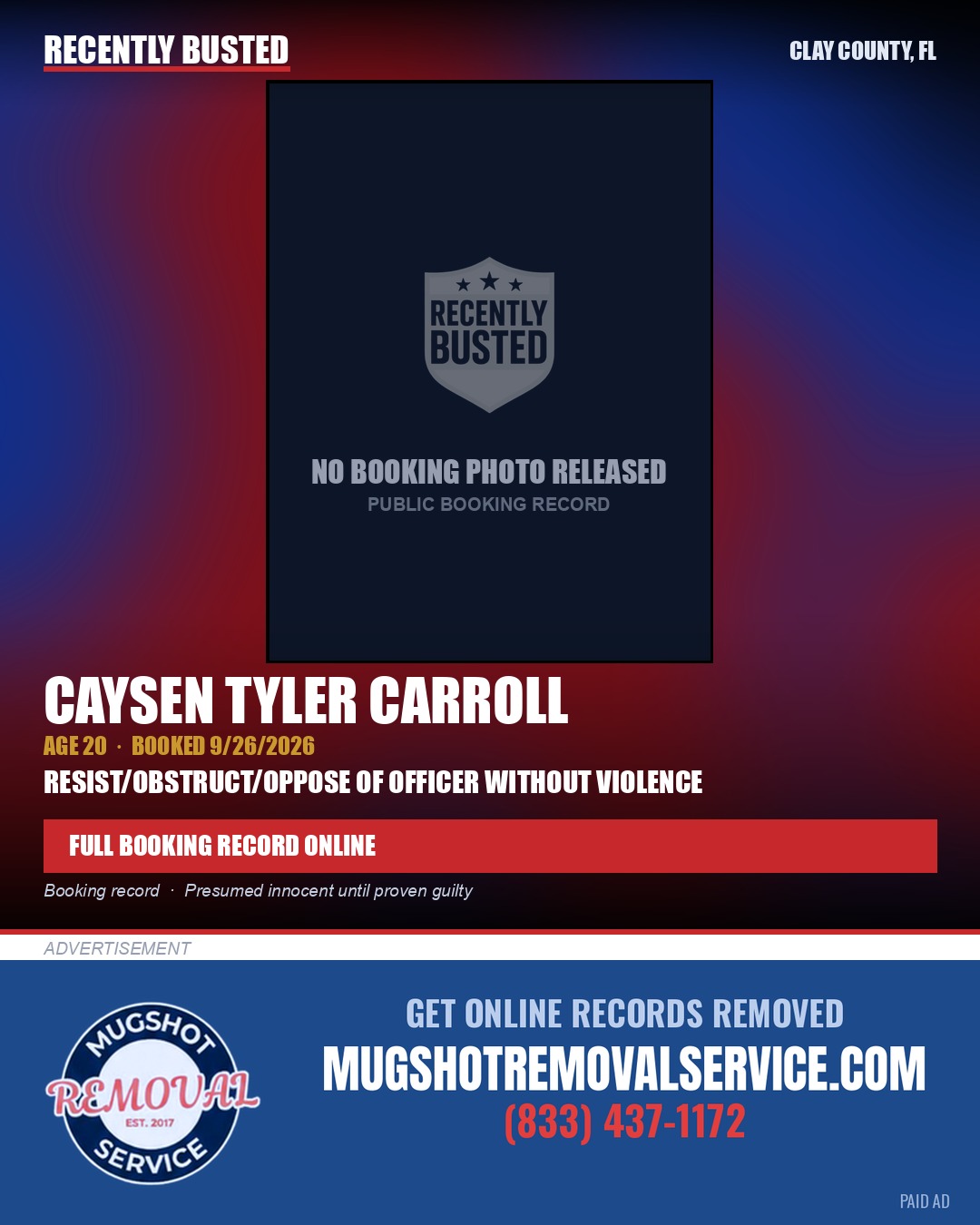 CAYSEN TYLER CARROLL — arrest record card, Clay County, Florida