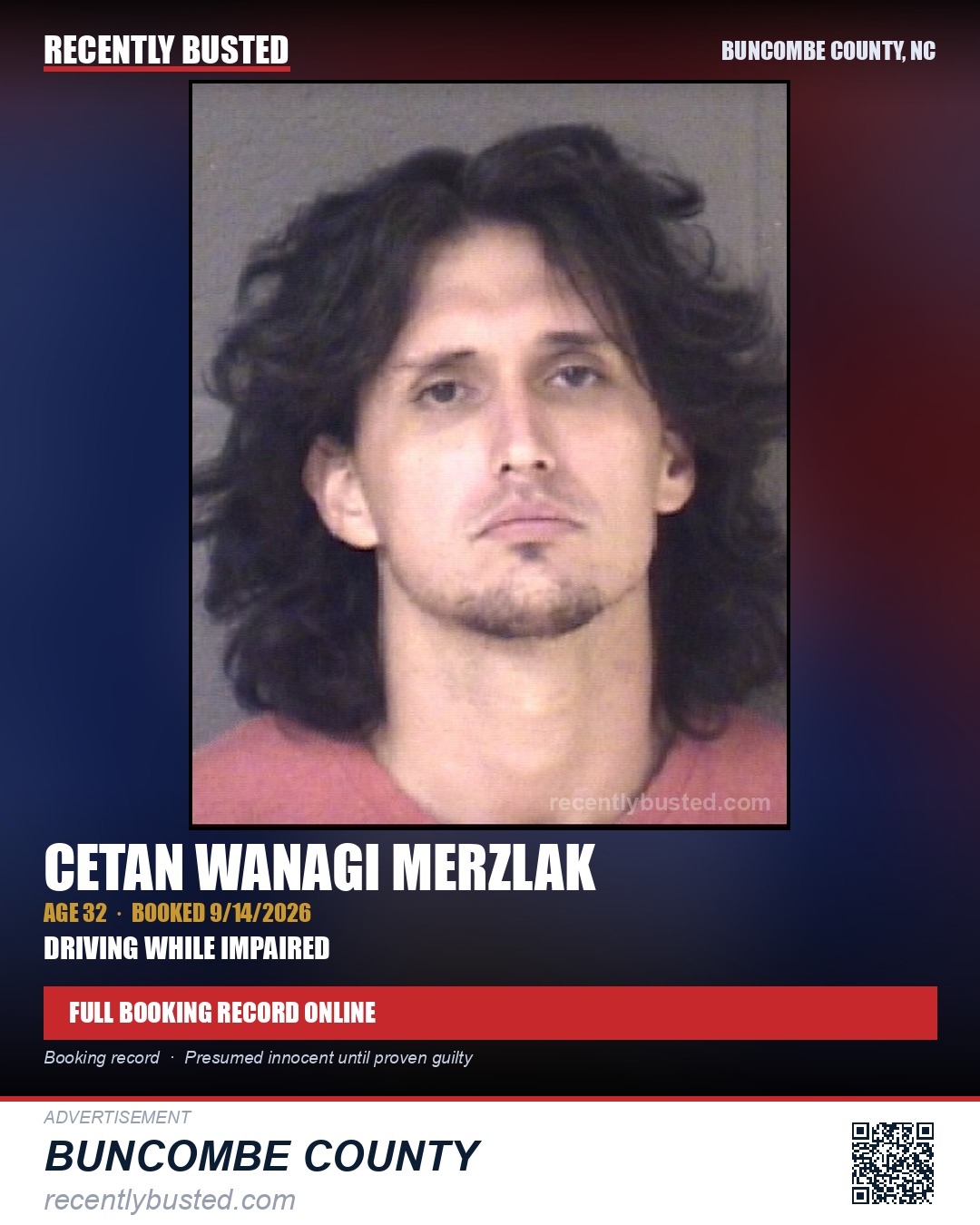 CETAN WANAGI MERZLAK — arrest record card, Buncombe County, North Carolina
