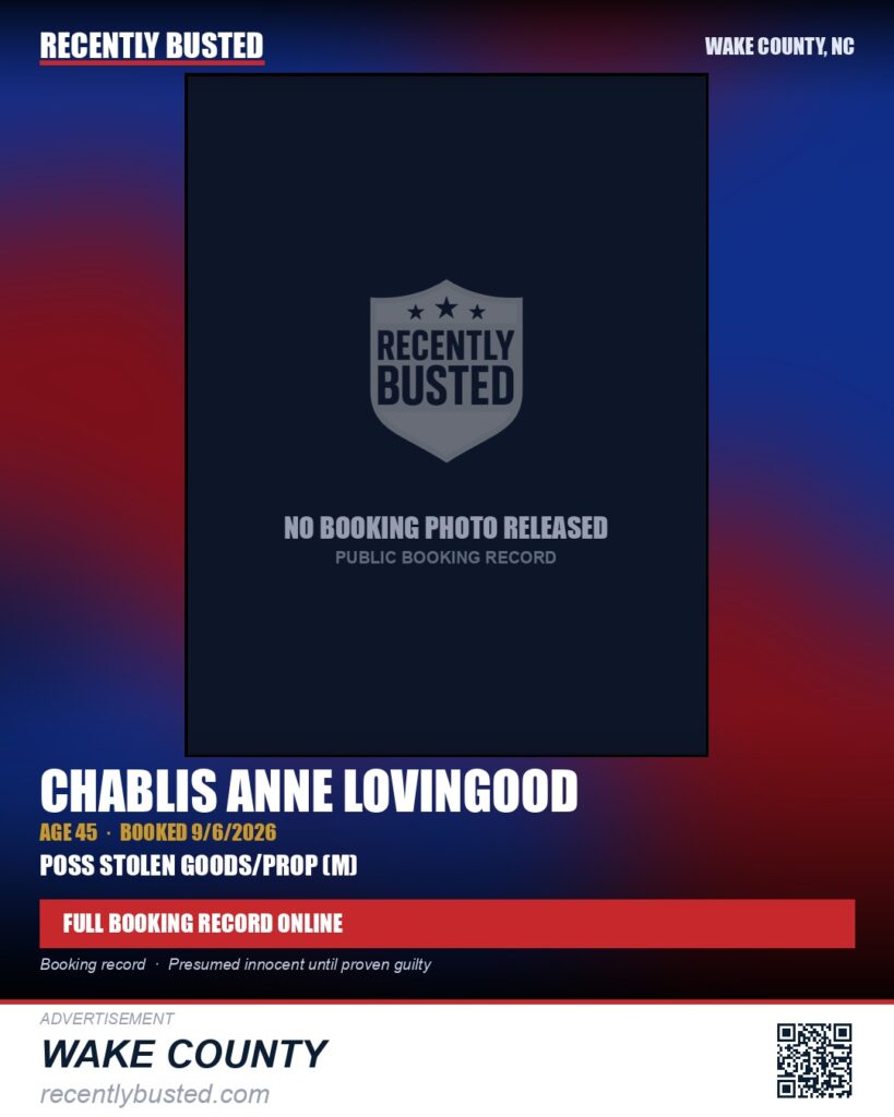 CHABLIS ANNE LOVINGOOD — arrest record card, Wake County, North Carolina