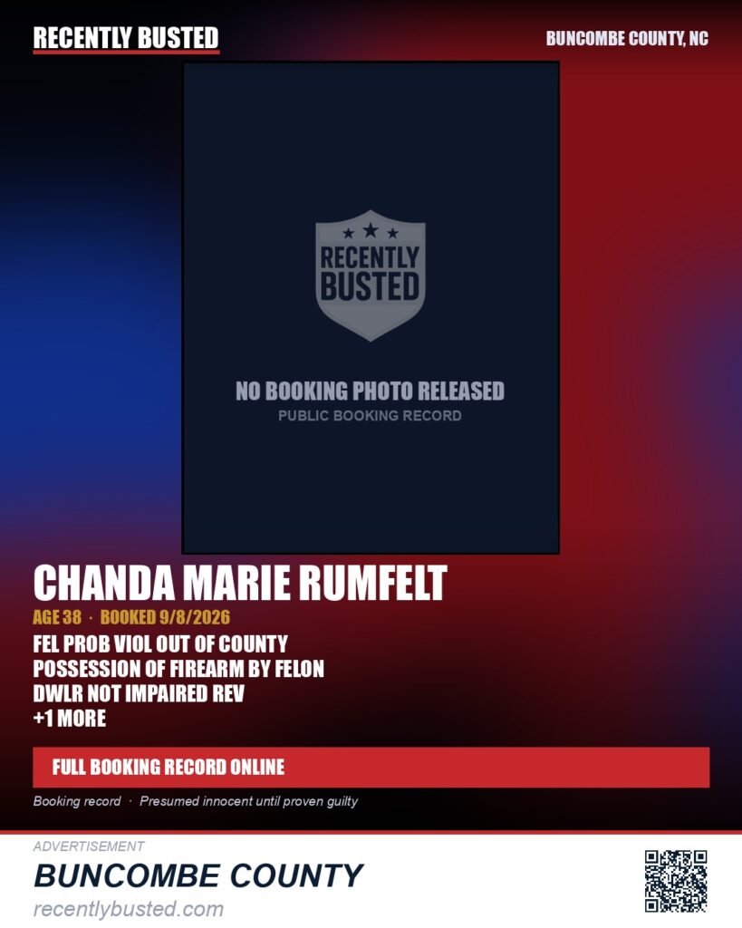 CHANDA MARIE RUMFELT — arrest record card, Buncombe County, North Carolina