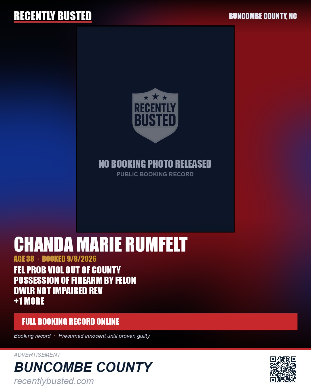 CHANDA MARIE RUMFELT — arrest record card, Buncombe County, North Carolina