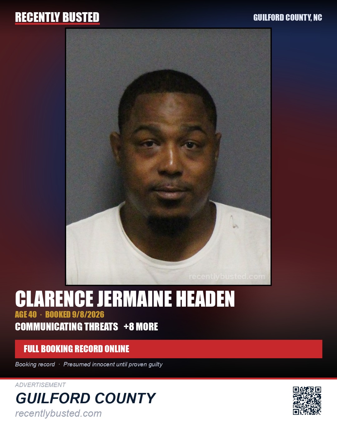 CLARENCE JERMAINE HEADEN — arrest record card, Guilford County, North Carolina