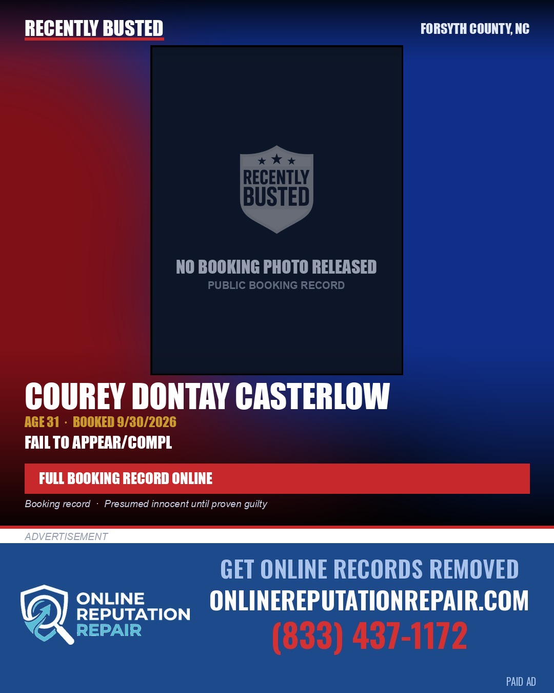 COUREY DONTAY CASTERLOW — arrest record card, Forsyth County, North Carolina