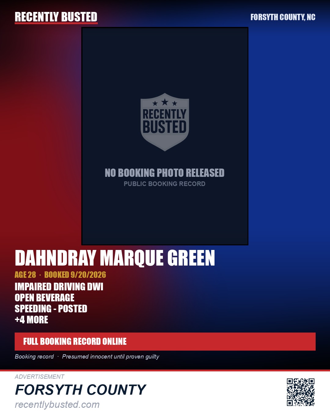 DAHNDRAY MARQUE GREEN — arrest record card, Forsyth County, North Carolina