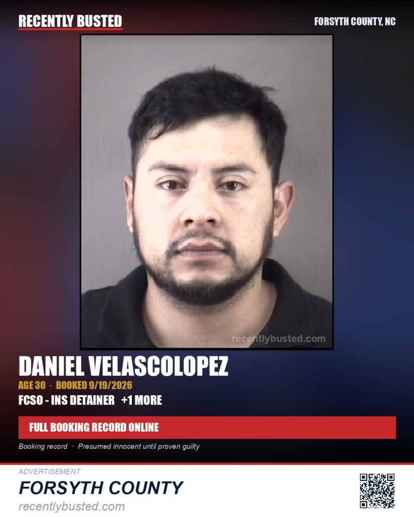 DANIEL VELASCOLOPEZ — arrest record card, Forsyth County, North Carolina