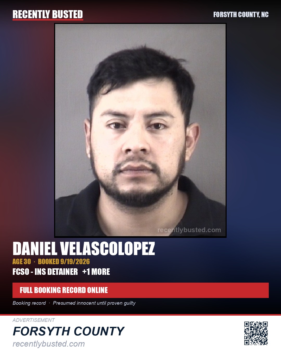 DANIEL VELASCOLOPEZ — arrest record card, Forsyth County, North Carolina