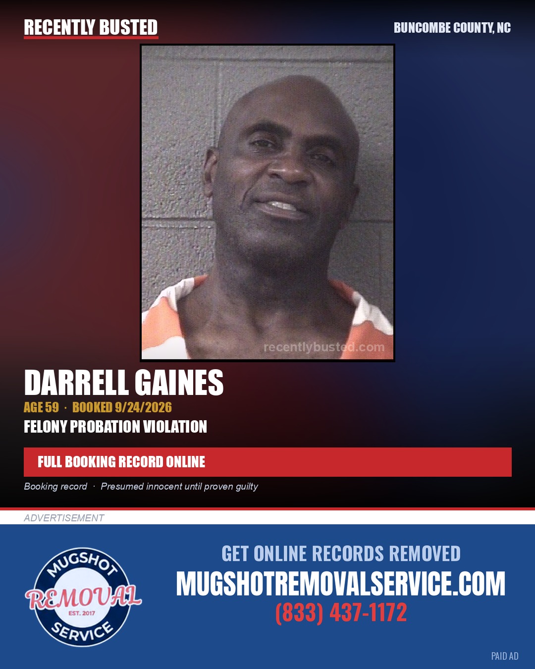 DARRELL GAINES — arrest record card, Buncombe County, North Carolina