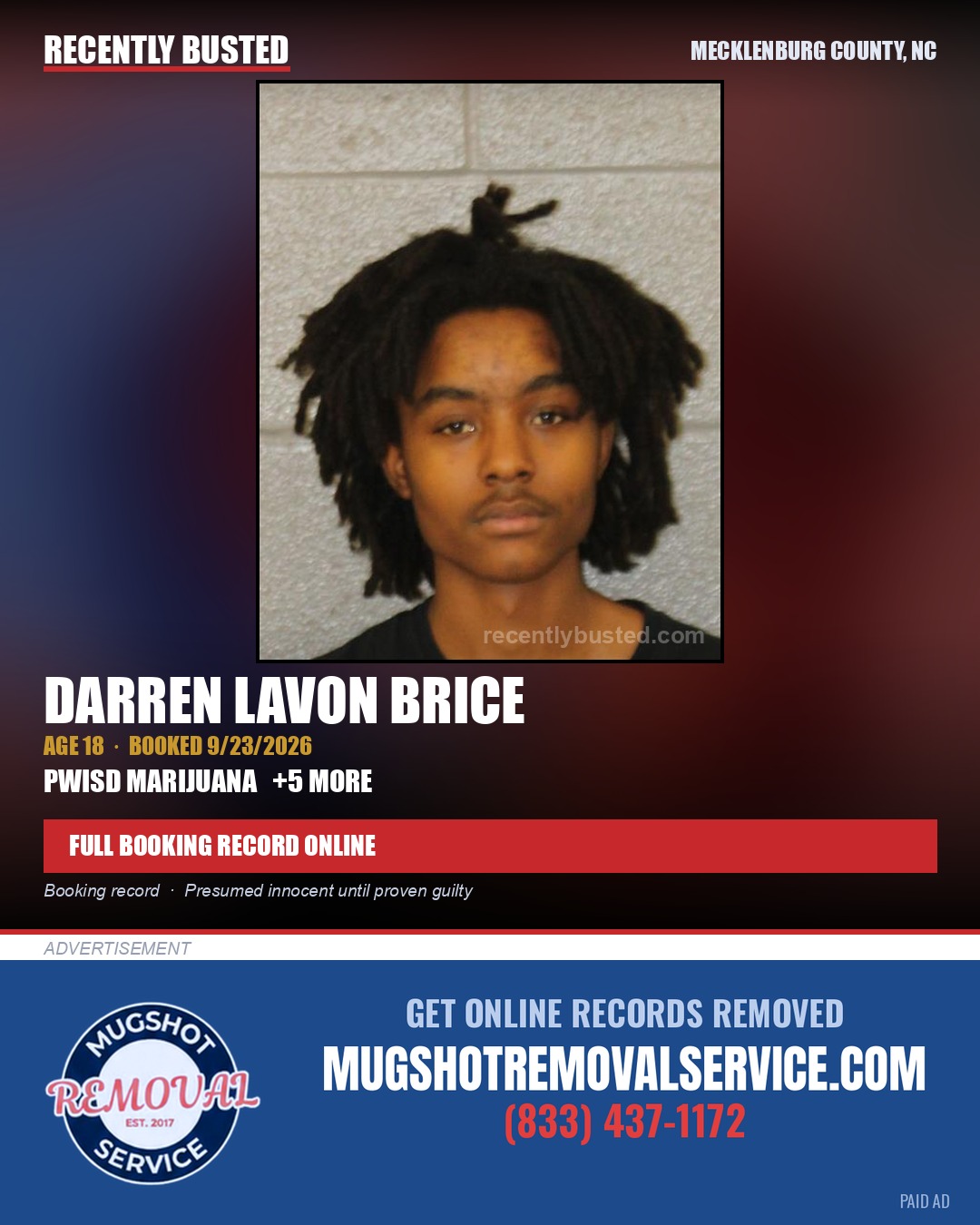 DARREN LAVON BRICE — arrest record card, Mecklenburg County, North Carolina