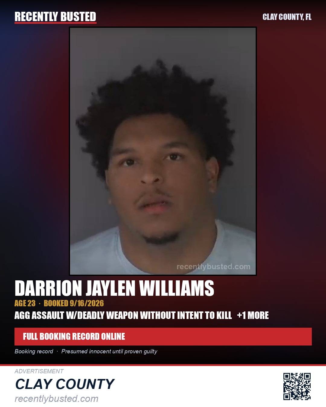 DARRION JAYLEN WILLIAMS — arrest record card, Clay County, Florida