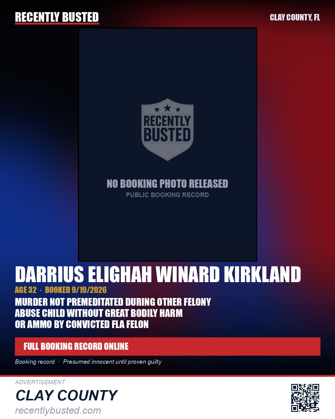 DARRIUS ELIGHAH WINARD KIRKLAND — arrest record card, Clay County, Florida