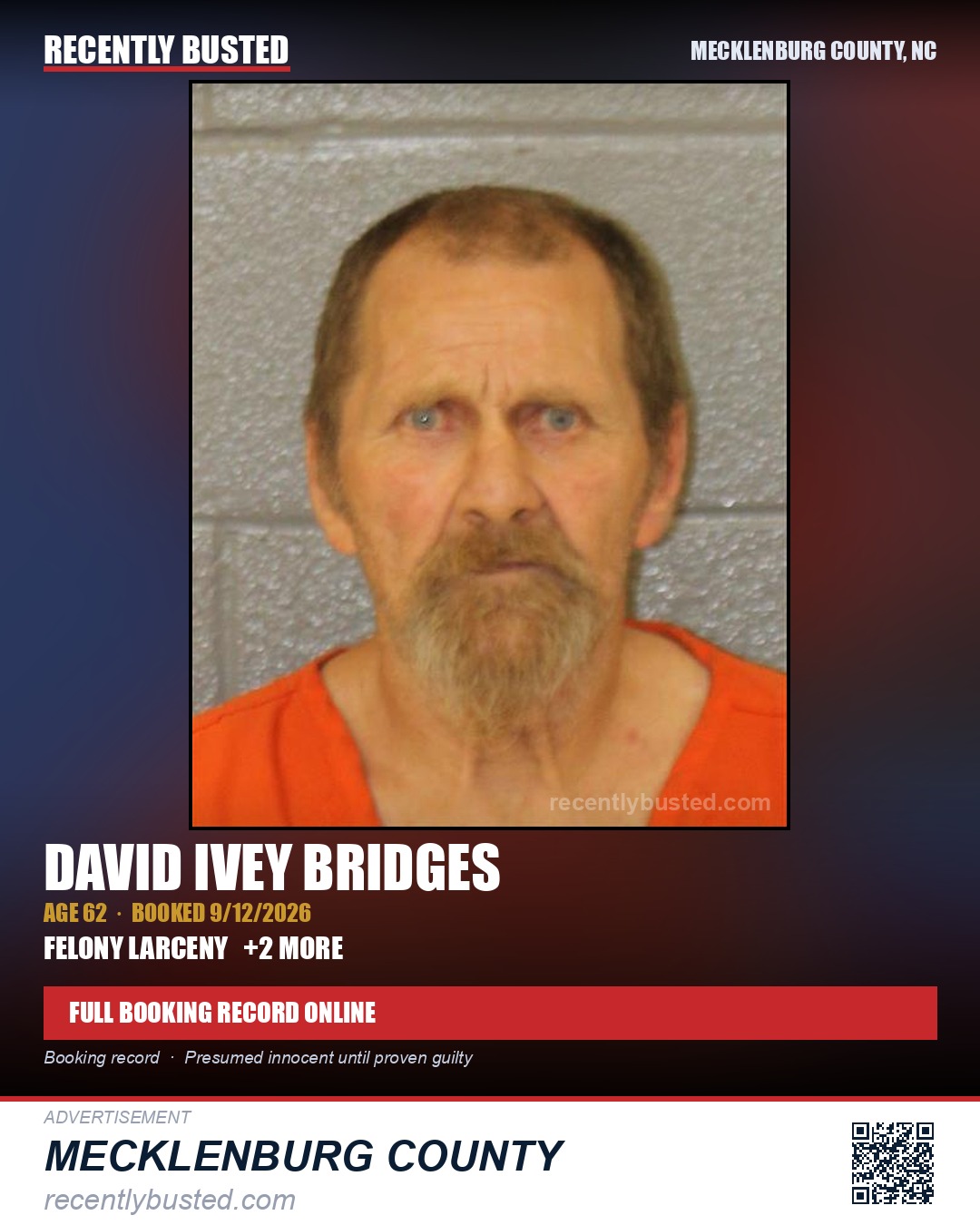 DAVID IVEY BRIDGES — arrest record card, Mecklenburg County, North Carolina
