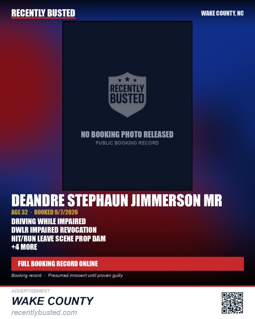 DEANDRE STEPHAUN JIMMERSON MR — arrest record card, Wake County, North Carolina