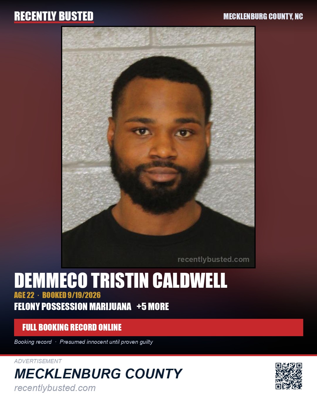 DEMMECO TRISTIN CALDWELL — arrest record card, Mecklenburg County, North Carolina