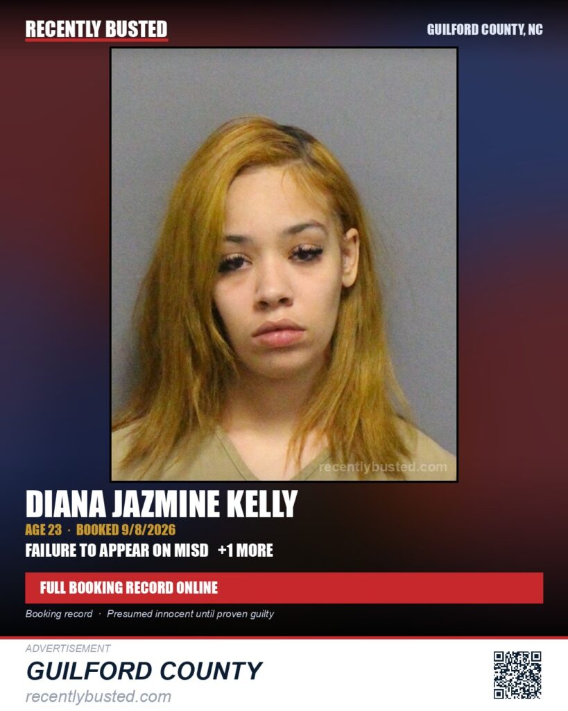 DIANA JAZMINE KELLY — arrest record card, Guilford County, North Carolina