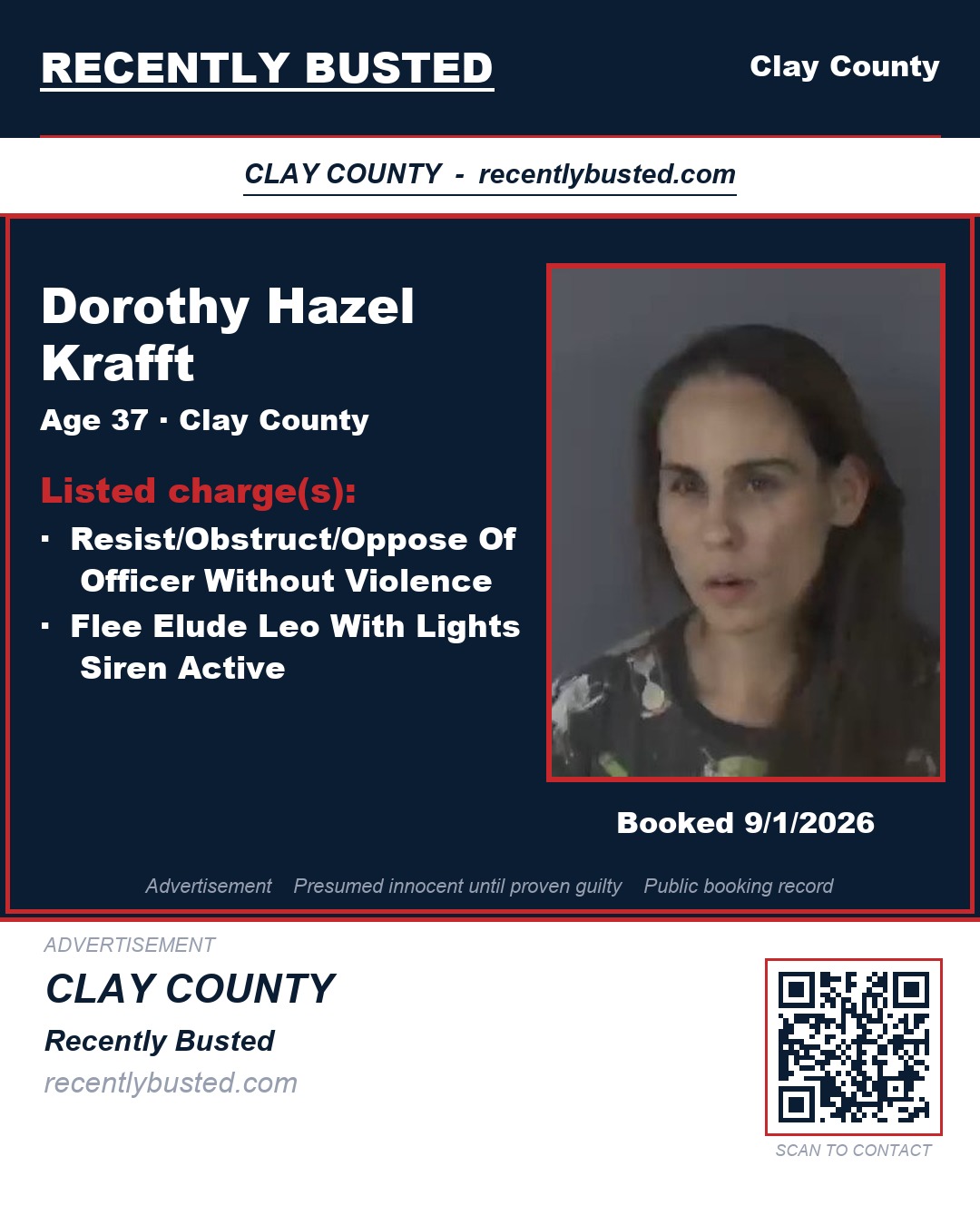 DOROTHY HAZEL KRAFFT — arrest record card, Clay County, Florida
