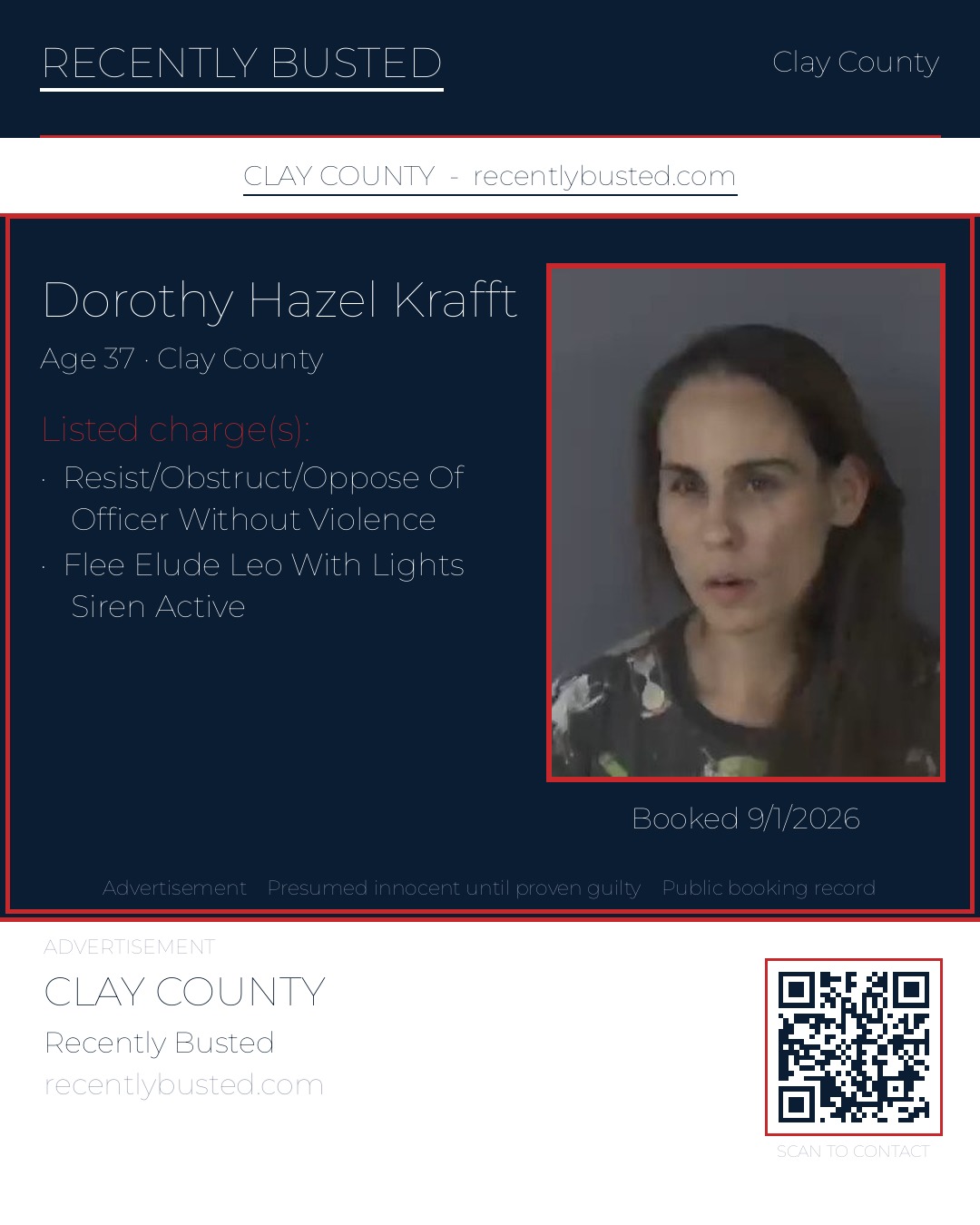 DOROTHY HAZEL KRAFFT — arrest record card, Clay County, Florida