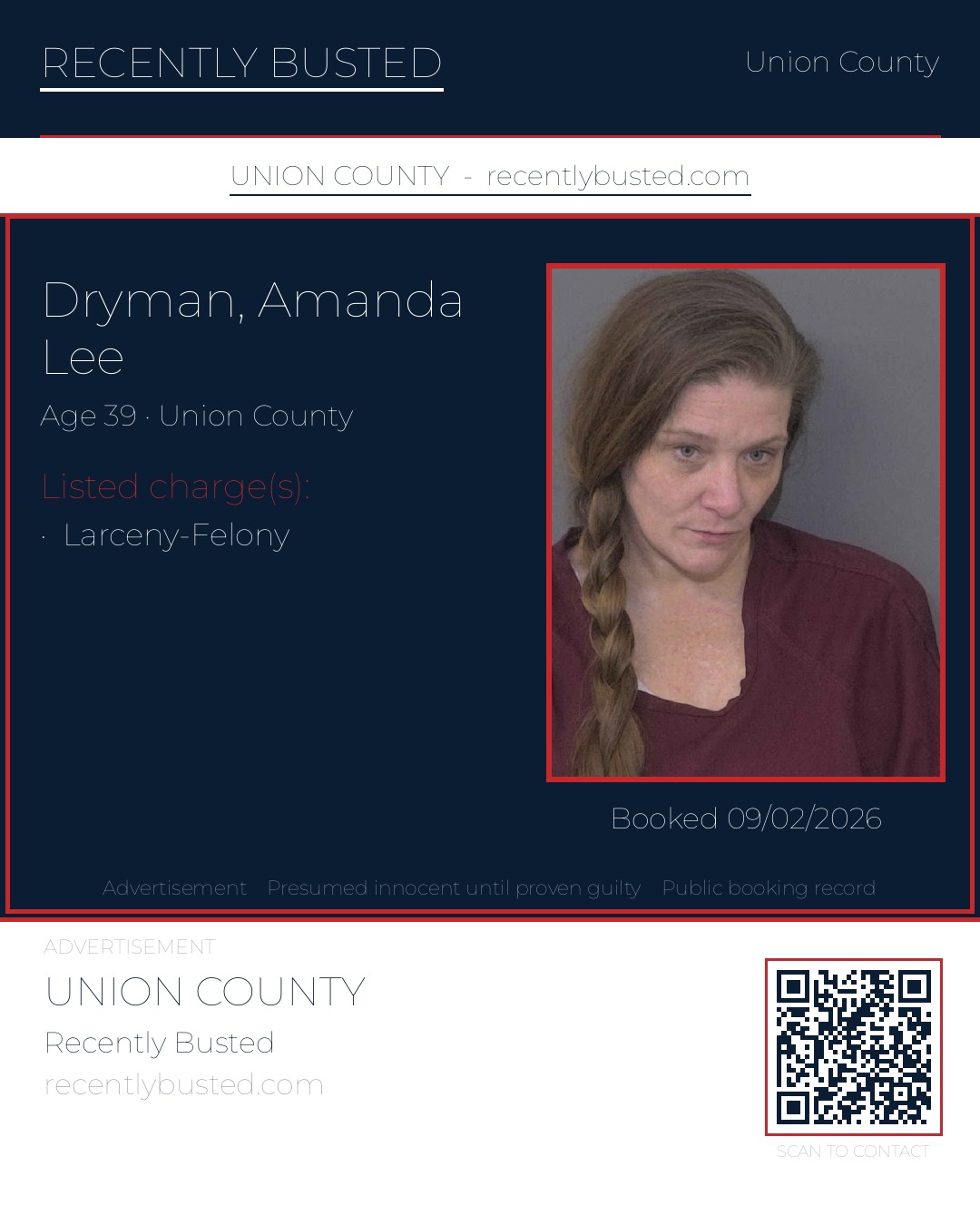 DRYMAN, AMANDA LEE — arrest record card, Union County, North Carolina