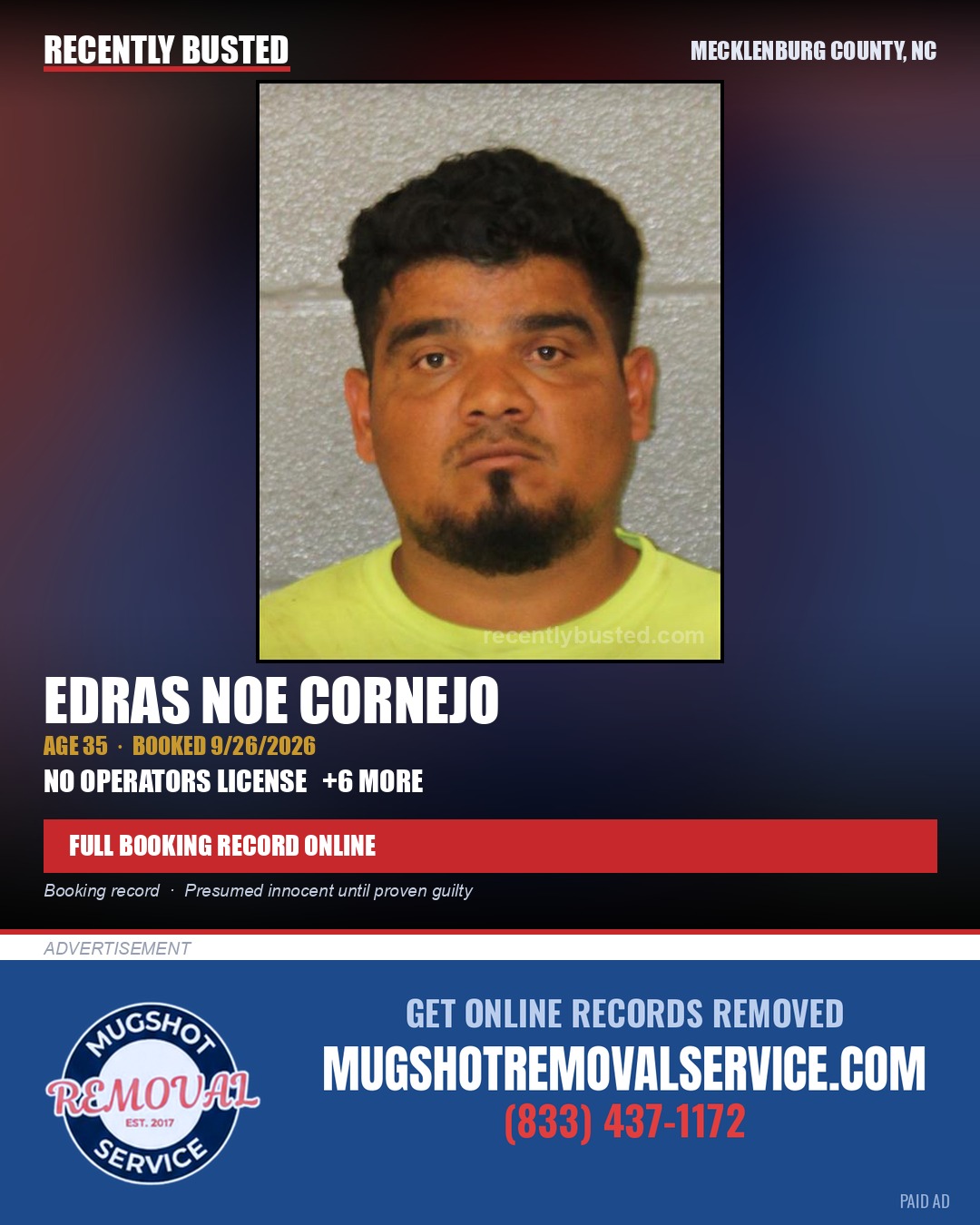 EDRAS NOE CORNEJO — arrest record card, Mecklenburg County, North Carolina