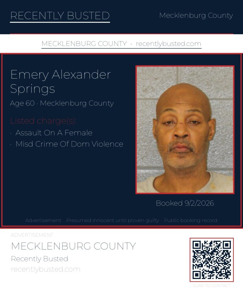 EMERY ALEXANDER SPRINGS — arrest record card, Mecklenburg County, North Carolina