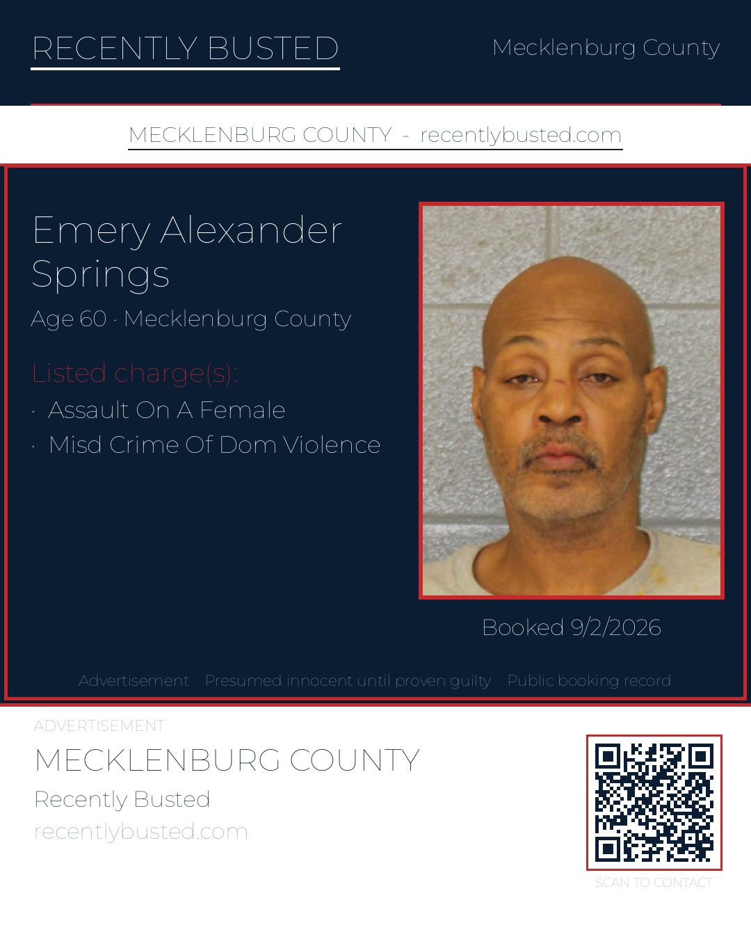 EMERY ALEXANDER SPRINGS — arrest record card, Mecklenburg County, North Carolina