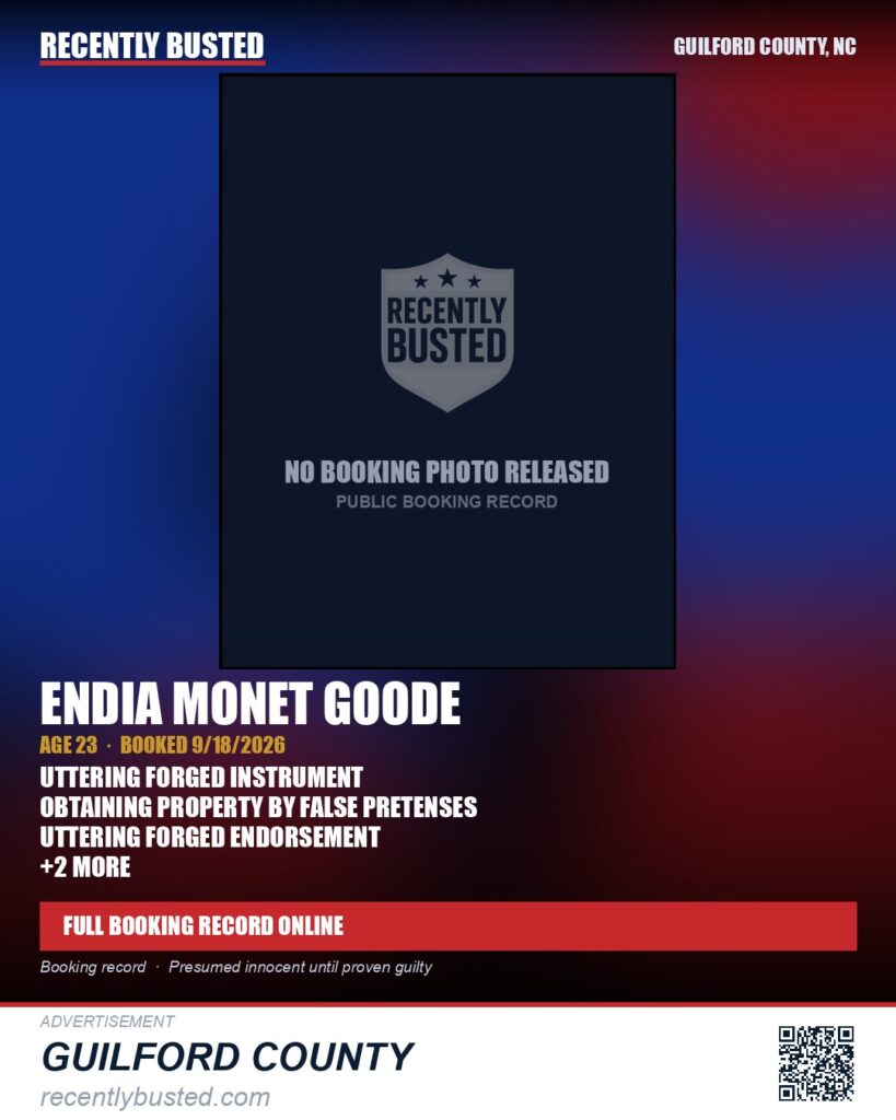 ENDIA MONET GOODE — arrest record card, Guilford County, North Carolina
