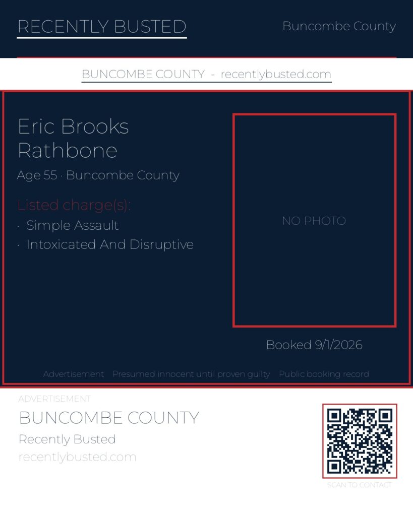 ERIC BROOKS RATHBONE — arrest record card, Buncombe County, North Carolina