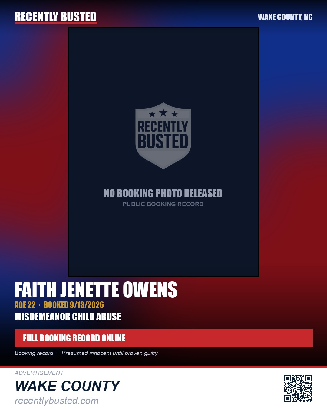 FAITH JENETTE OWENS — arrest record card, Wake County, North Carolina