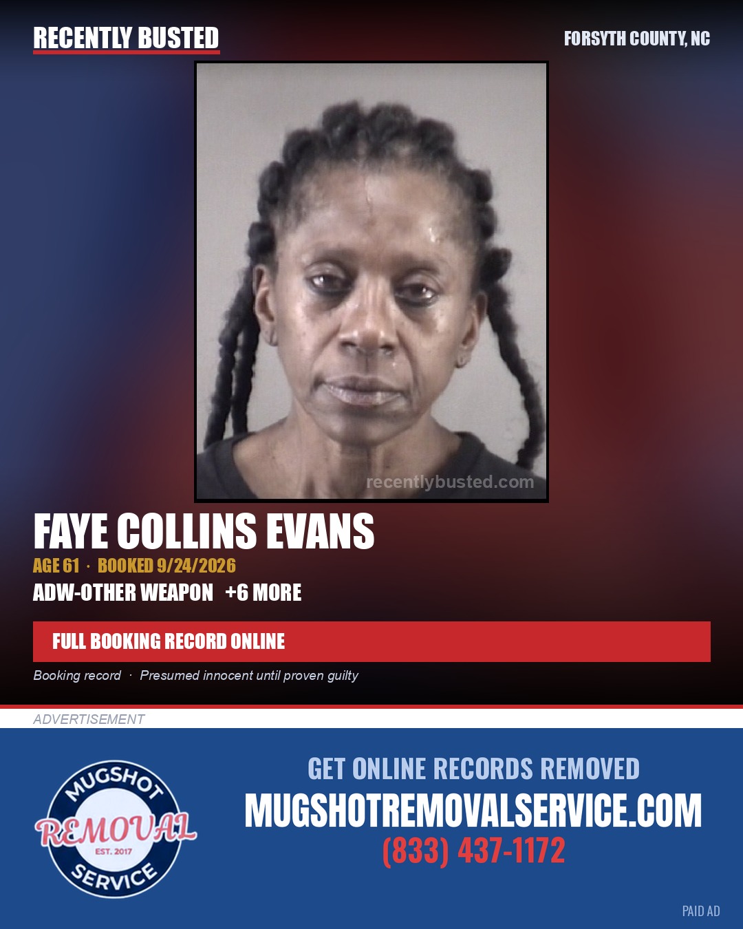 FAYE COLLINS EVANS — arrest record card, Forsyth County, North Carolina