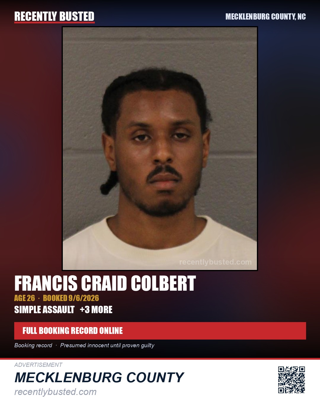FRANCIS CRAID COLBERT — arrest record card, Mecklenburg County, North Carolina