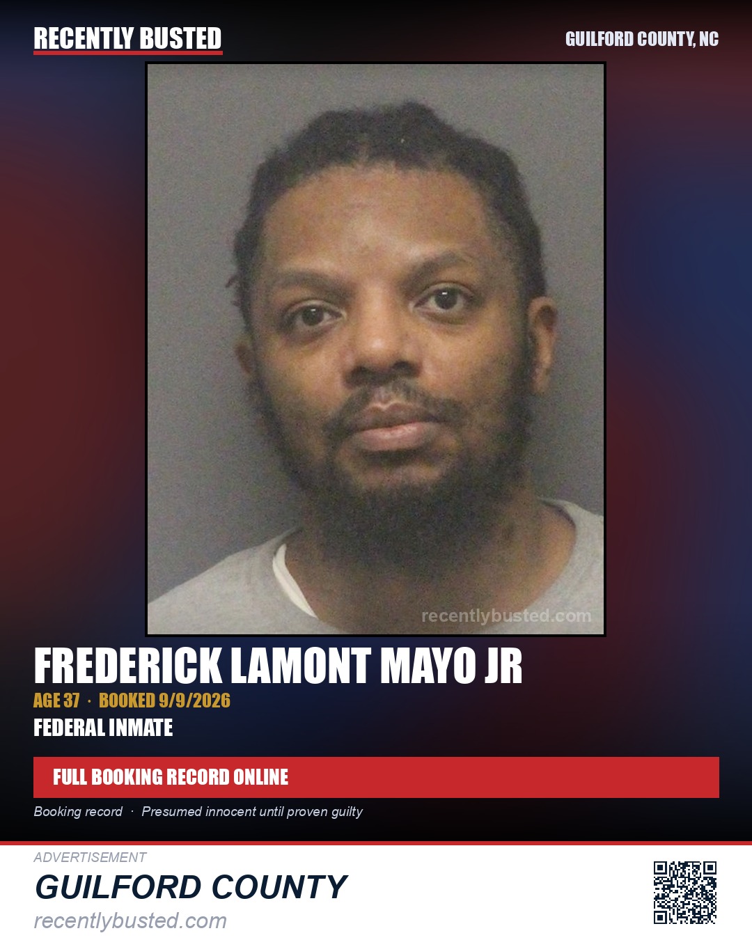FREDERICK LAMONT MAYO JR — arrest record card, Guilford County, North Carolina