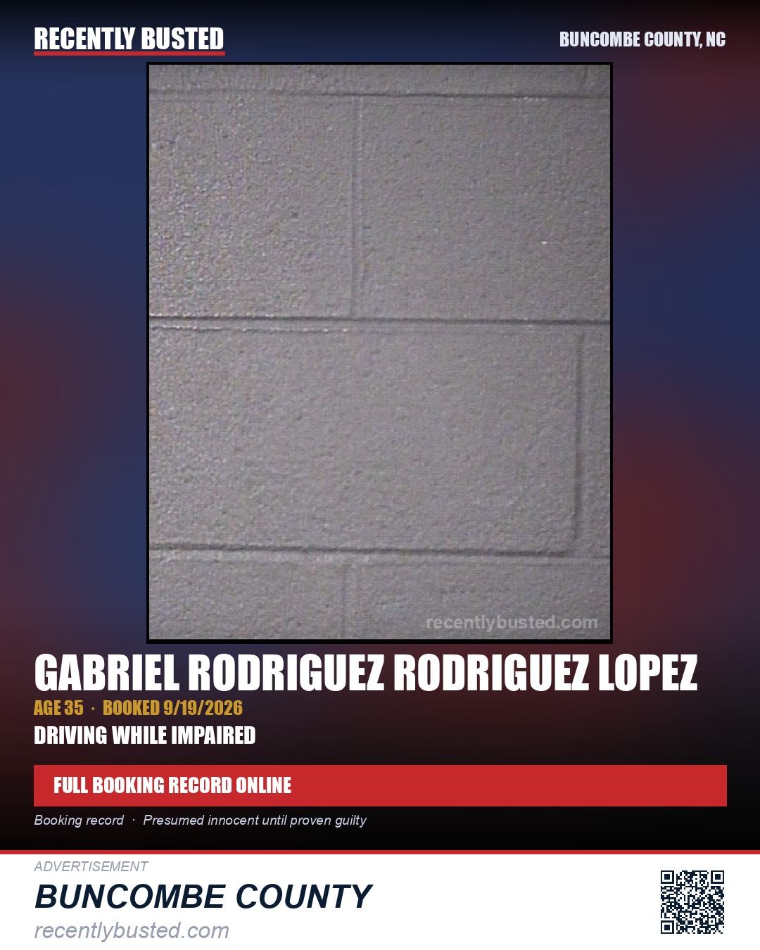 GABRIEL RODRIGUEZ RODRIGUEZ LOPEZ — arrest record card, Buncombe County, North Carolina