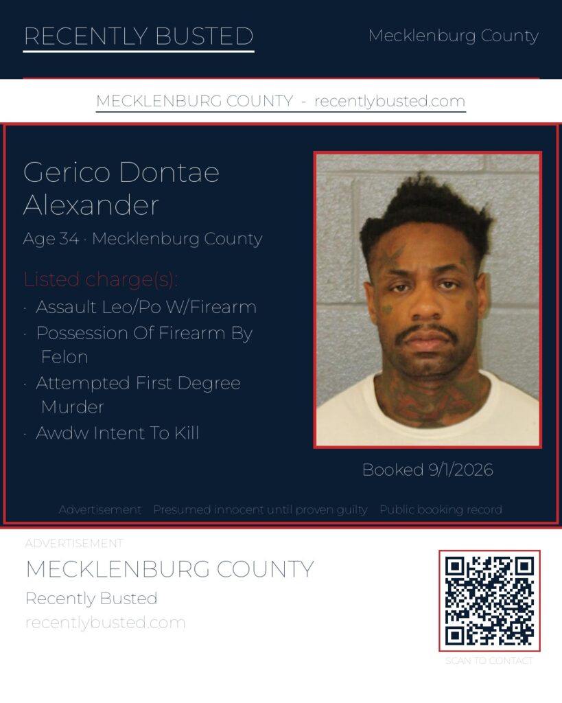 GERICO DONTAE ALEXANDER — arrest record card, Mecklenburg County, North Carolina