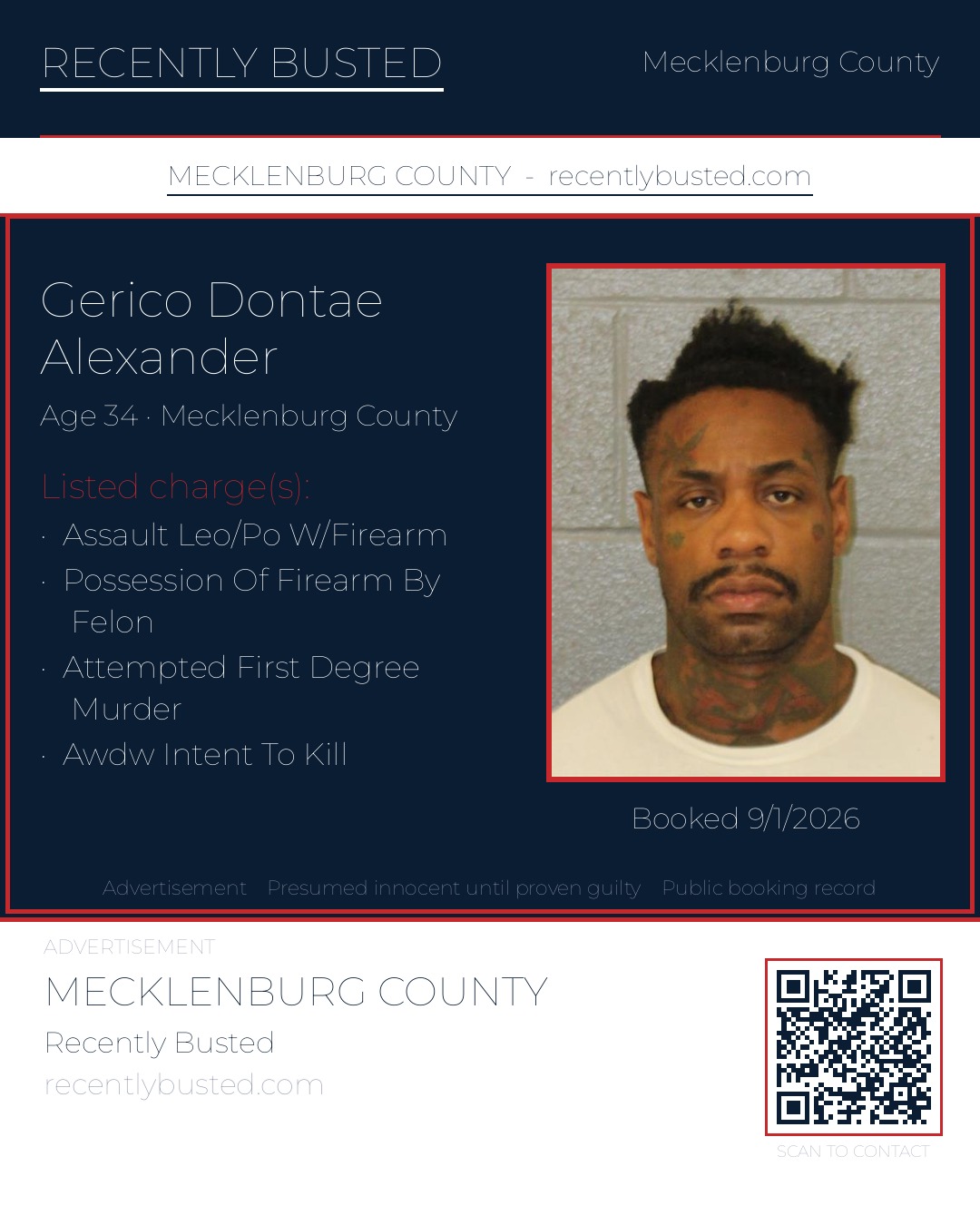 GERICO DONTAE ALEXANDER — arrest record card, Mecklenburg County, North Carolina