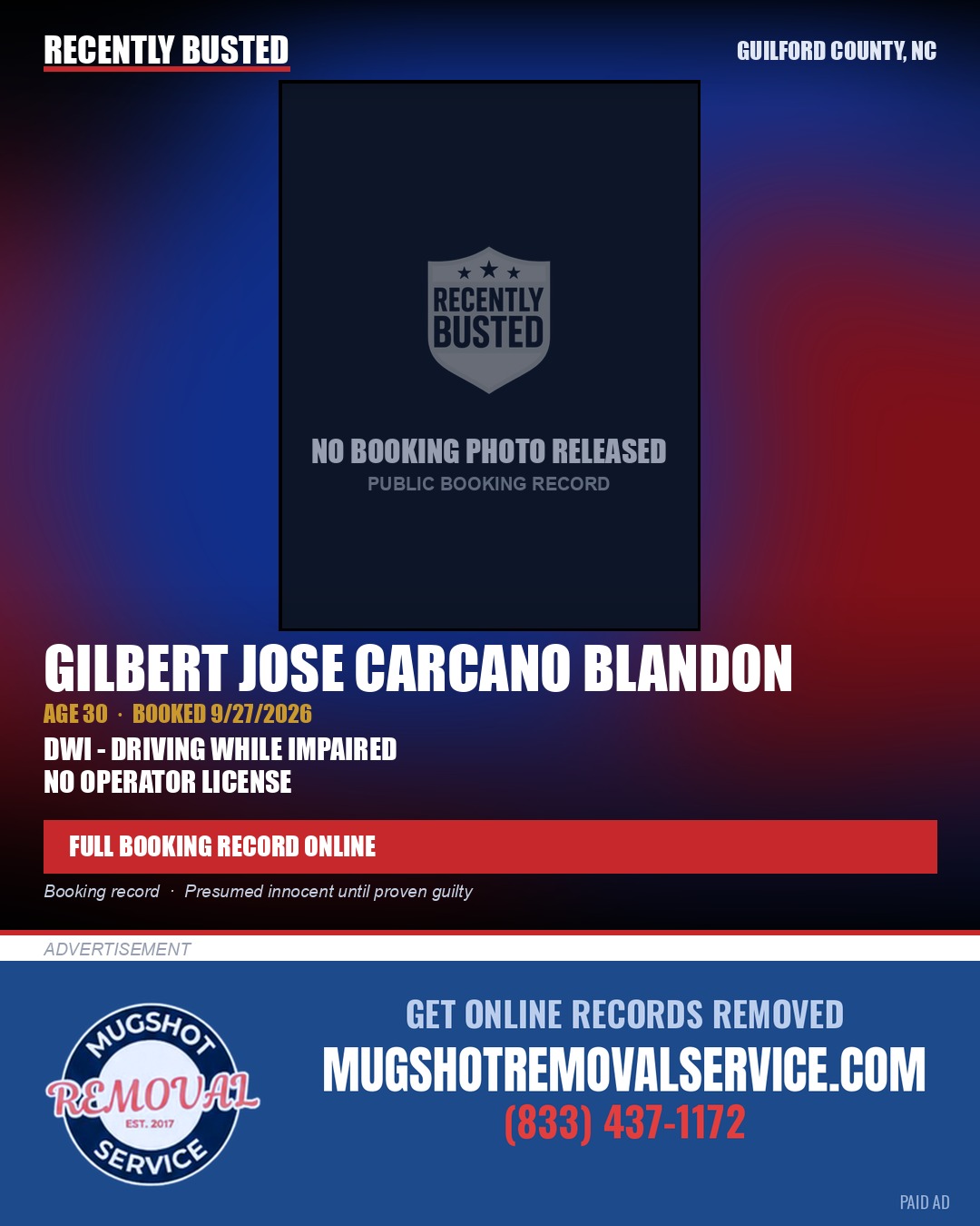 GILBERT JOSE CARCANO BLANDON — arrest record card, Guilford County, North Carolina