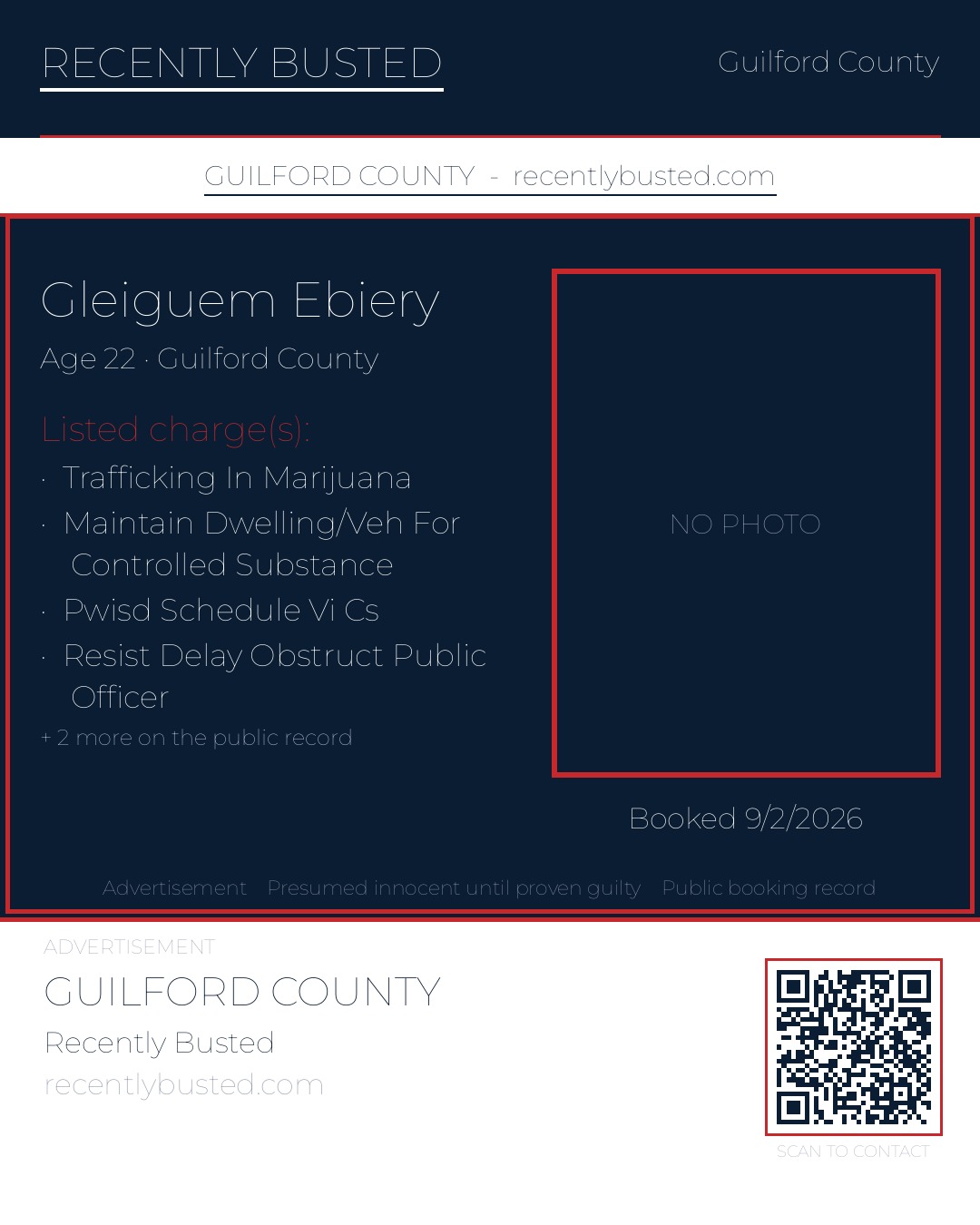 GLEIGUEM EBIERY — arrest record card, Guilford County, North Carolina