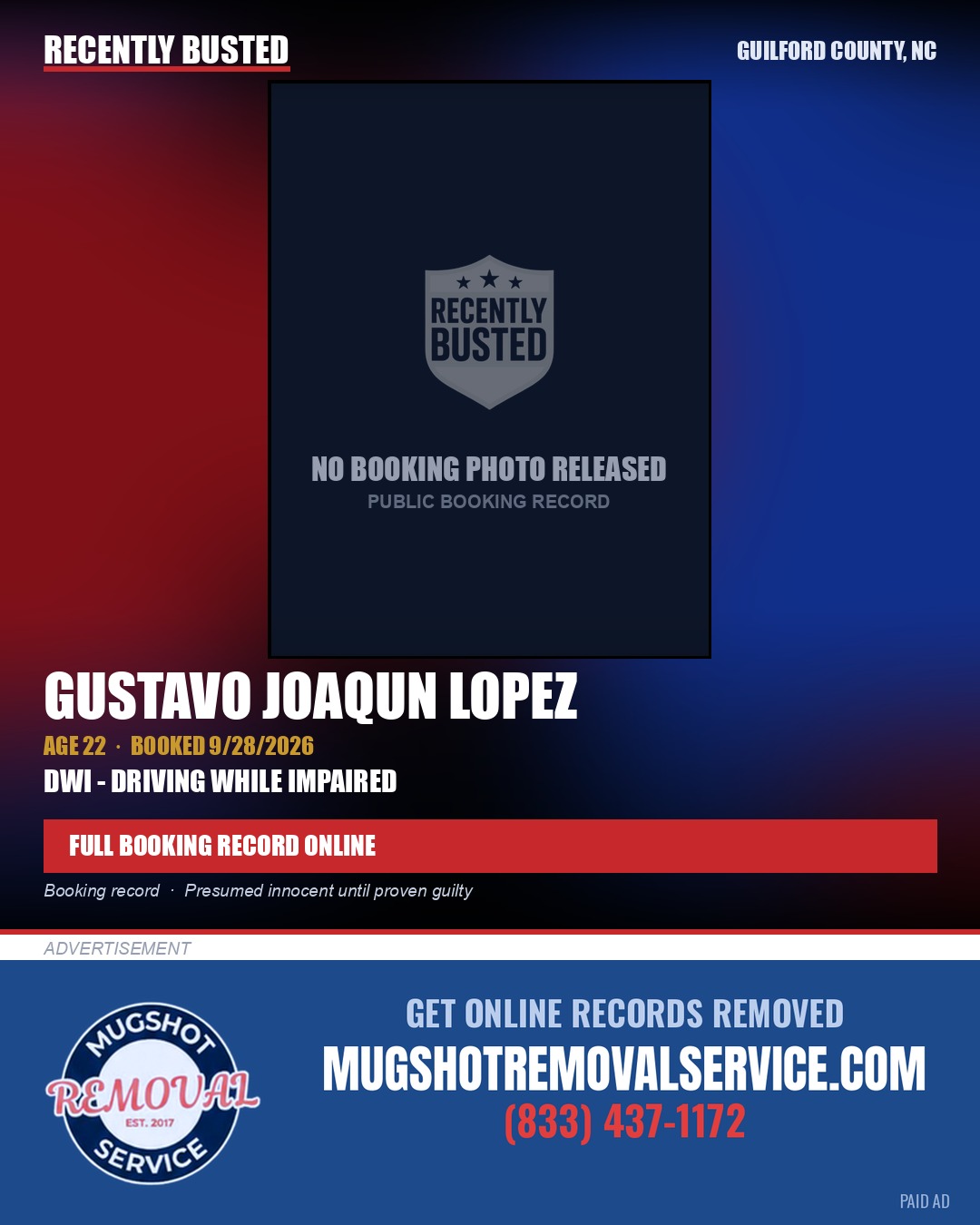 GUSTAVO JOAQUN LOPEZ — arrest record card, Guilford County, North Carolina