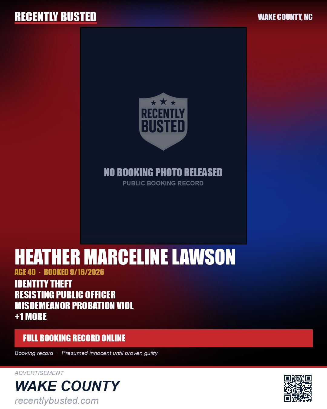 HEATHER MARCELINE LAWSON — arrest record card, Wake County, North Carolina