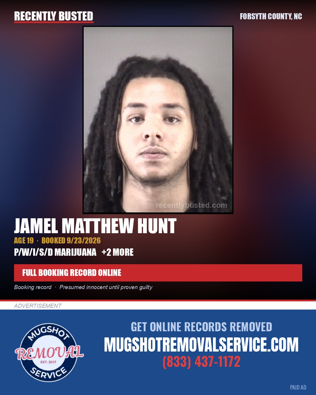 JAMEL MATTHEW HUNT — arrest record card, Forsyth County, North Carolina